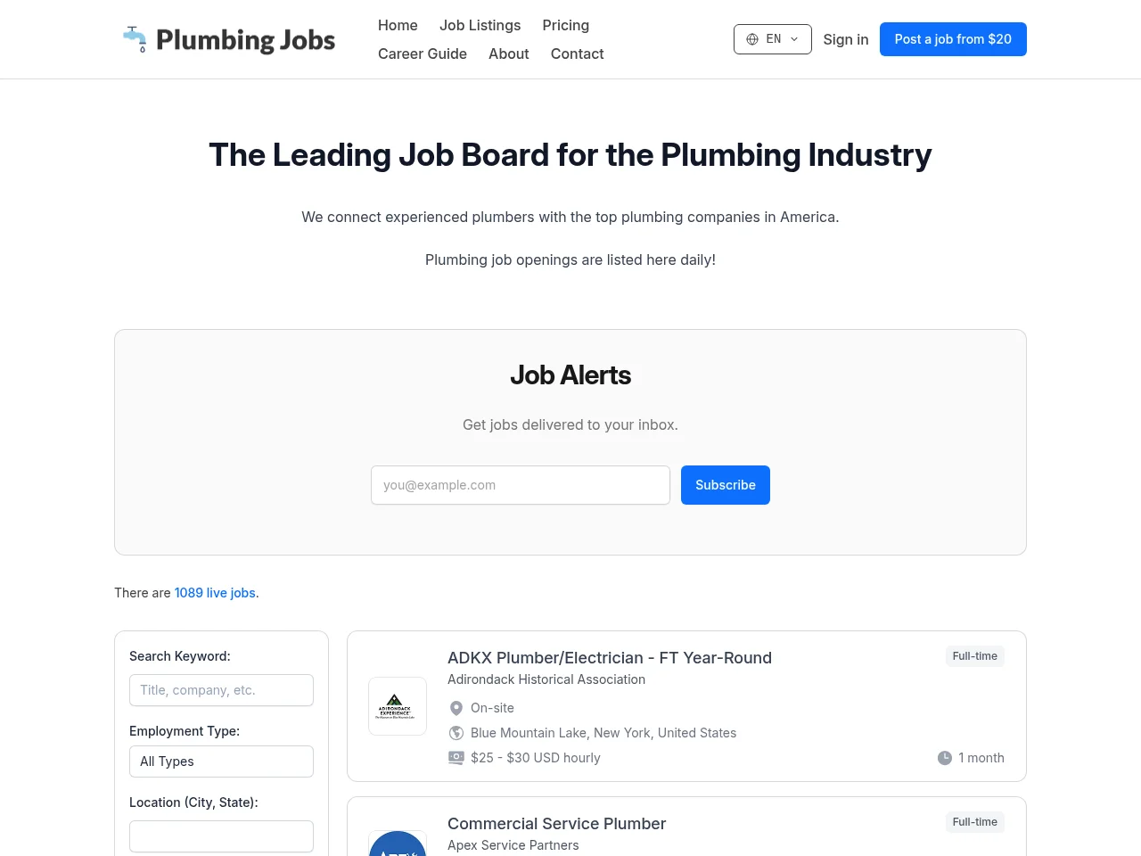 Plumbing Jobs job board platform screenshot showing job search interface