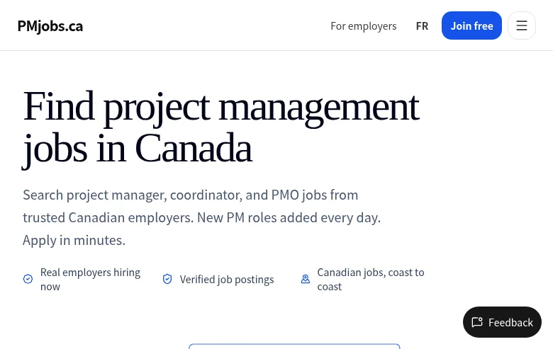 PMjobs.ca job board platform screenshot showing job search interface