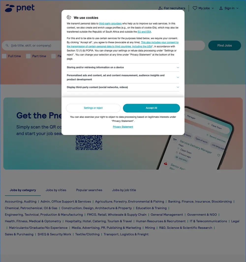 Pnet job board platform screenshot showing job search interface