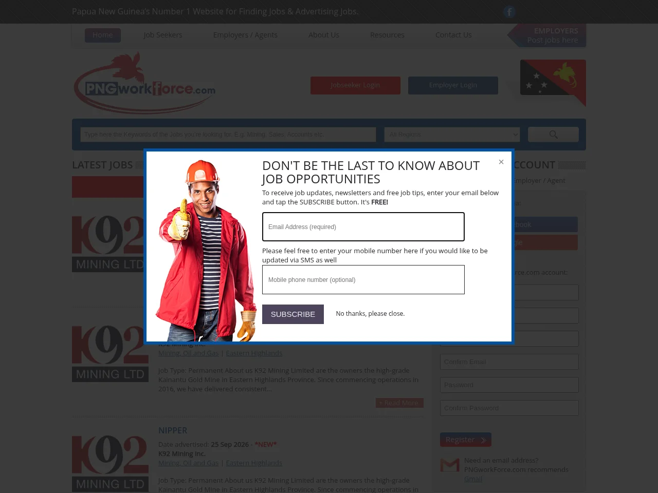 PNGworkForce.com job board platform screenshot showing job search interface