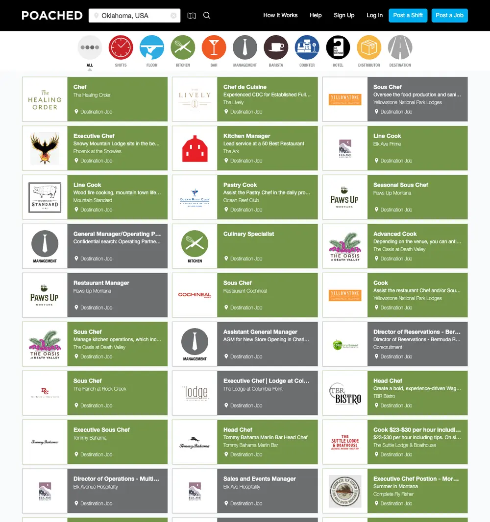 Poachedjobs.com job board platform screenshot showing job search interface