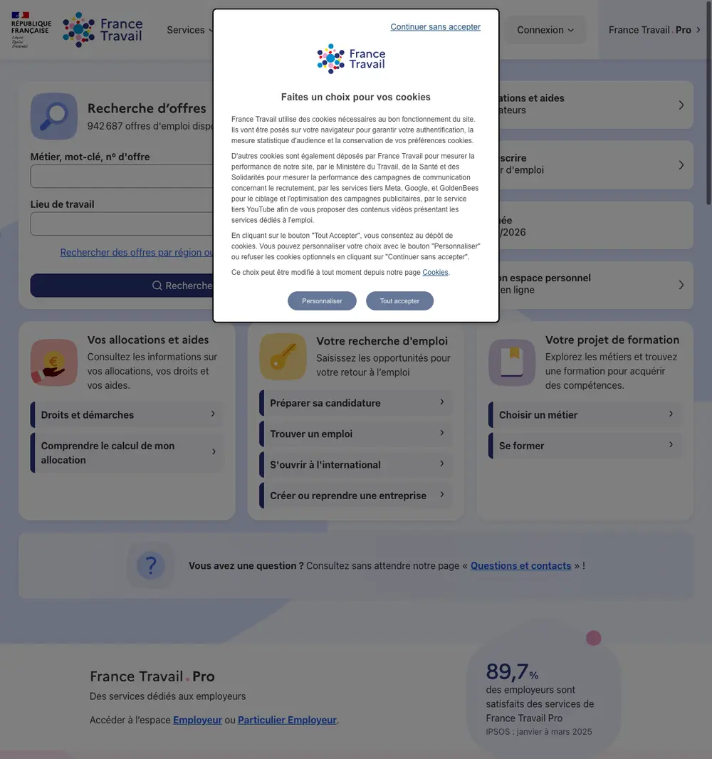 France Travail job board platform screenshot showing job search interface