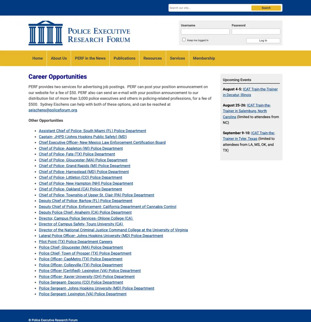 Police Executive Research Forum job board platform screenshot showing job search interface