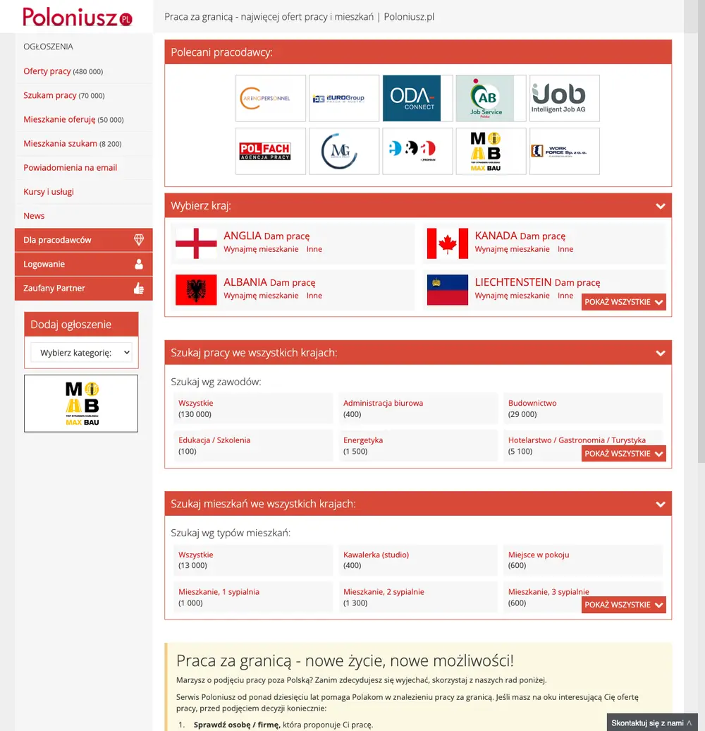 Poloniusz.pl job board platform screenshot showing job search interface