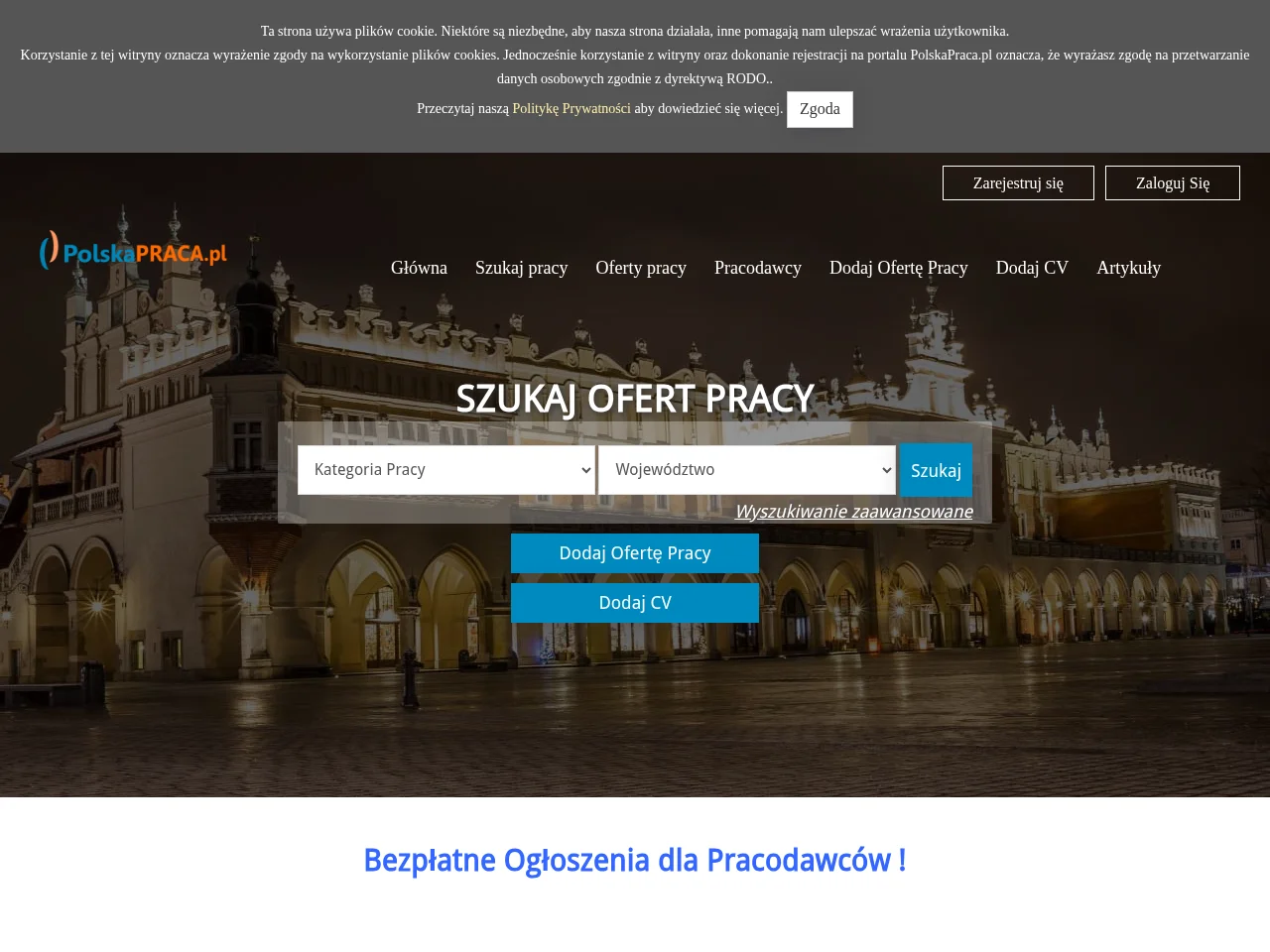 PolskaPraca.pl job board platform screenshot showing job search interface
