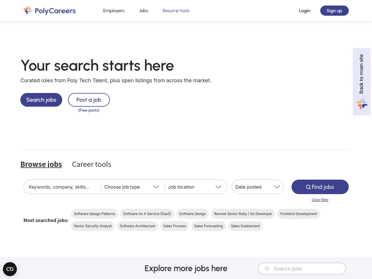 PolyCareers job board platform screenshot showing job search interface