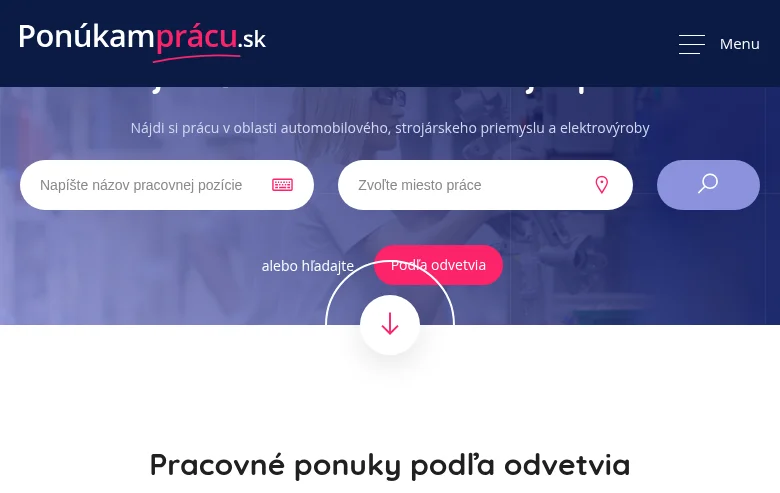 PonukamPracu job board platform screenshot showing job search interface