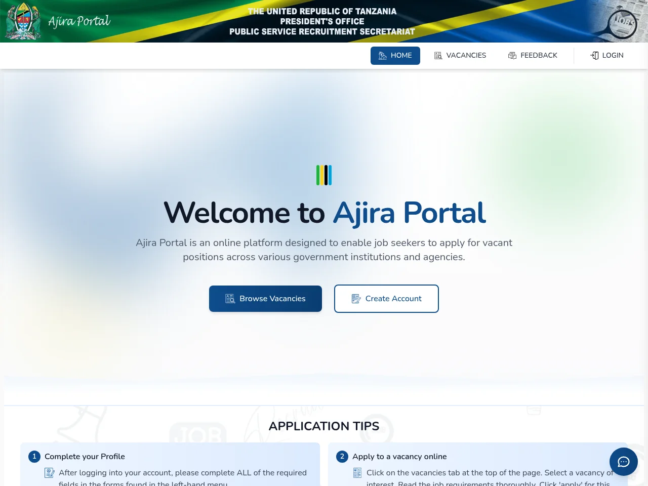 Ajira Portal job board platform screenshot showing job search interface