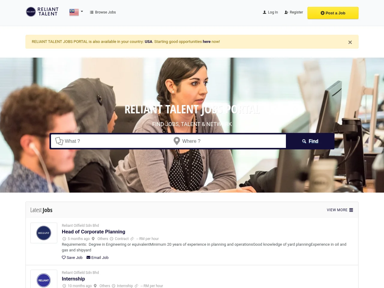 RELIANT TALENT JOBS PORTAL job board platform screenshot showing job search interface