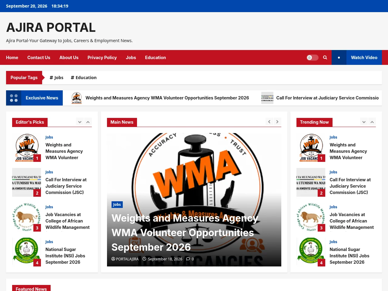 AJIRA PORTAL job board platform screenshot showing job search interface