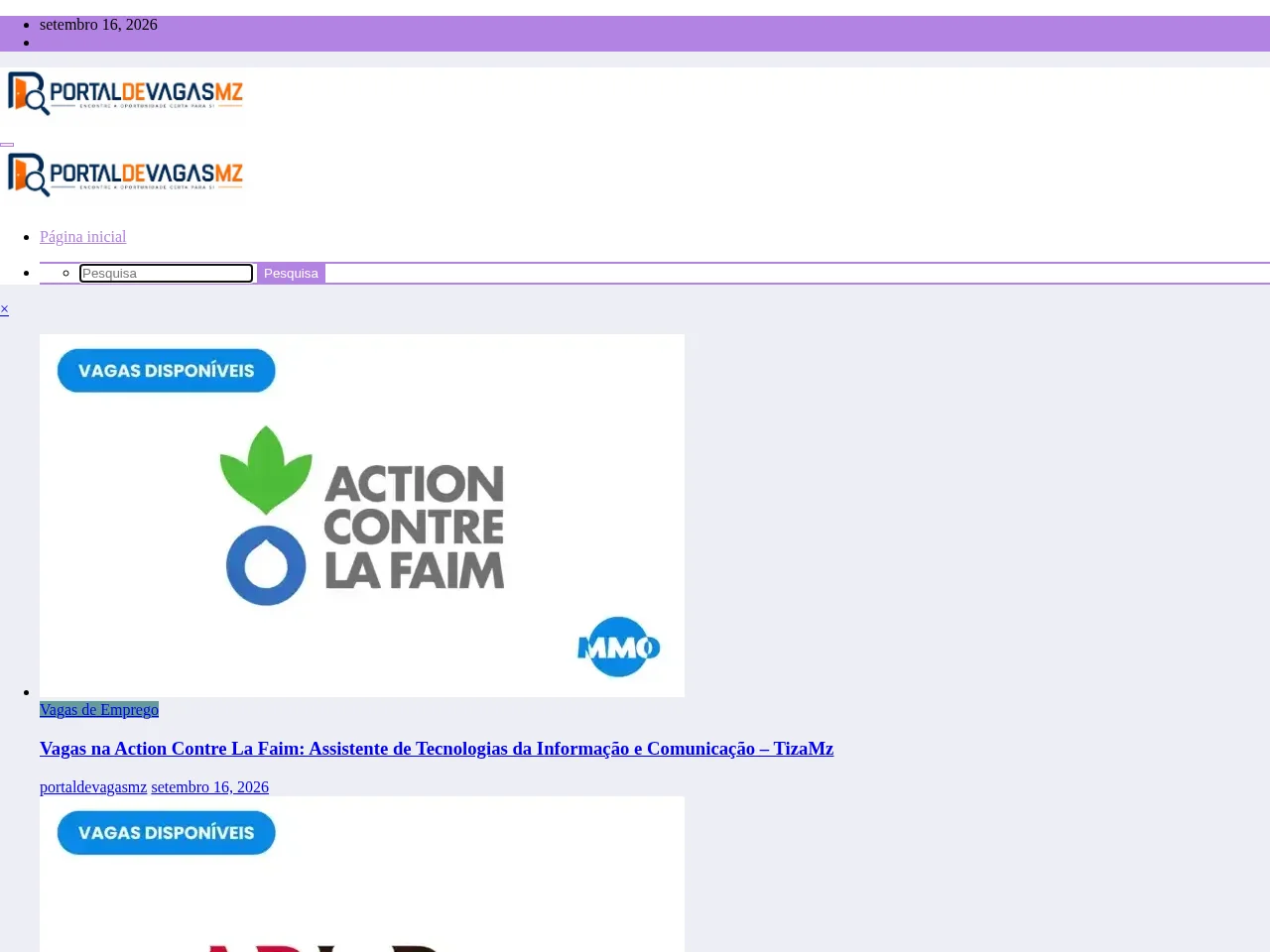 Portal de Vagas MZ job board platform screenshot showing job search interface