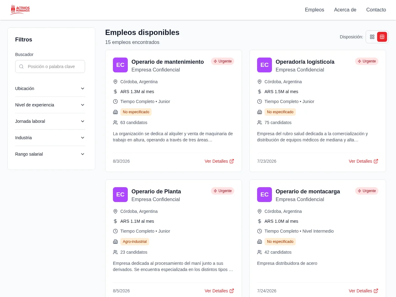 Activos Humanos - Portal de Empleos job board platform screenshot showing job search interface