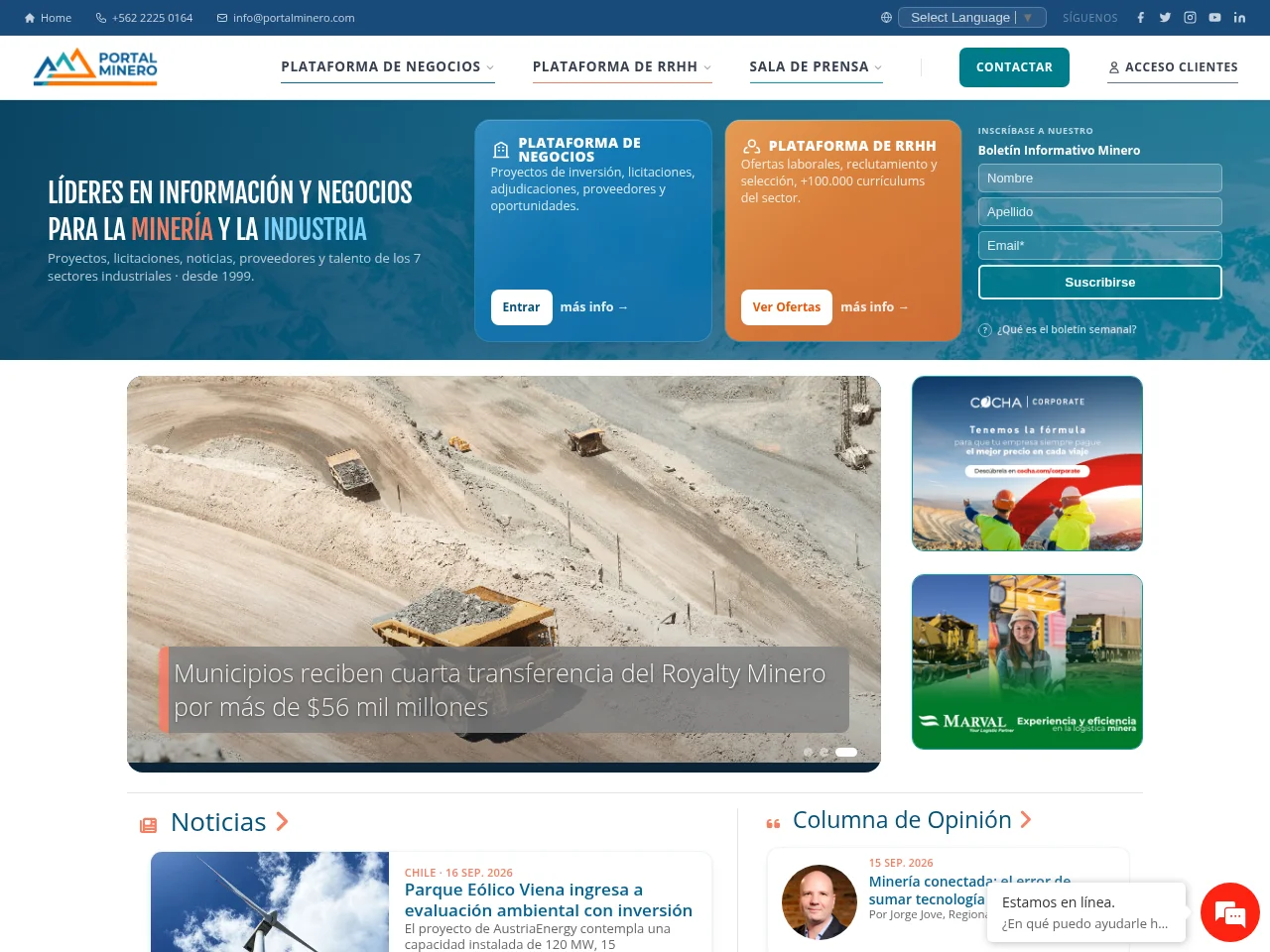 Portal Minero job board platform screenshot showing job search interface