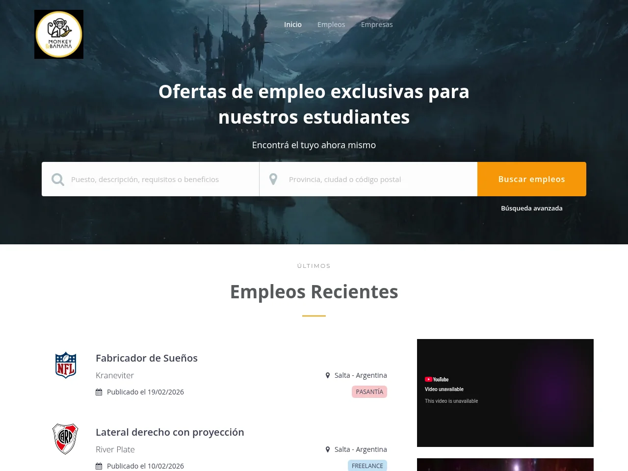 Portal Universitario job board platform screenshot showing job search interface