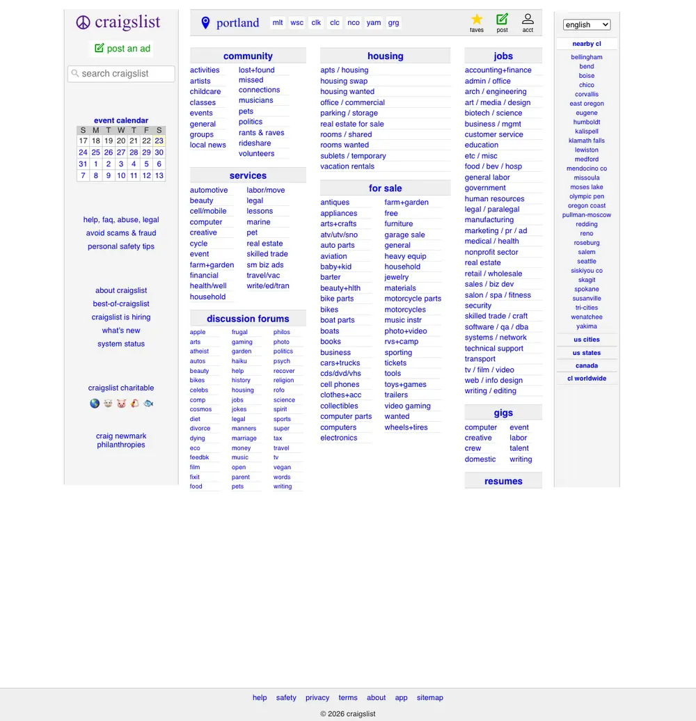 craigslist job board platform screenshot showing job search interface