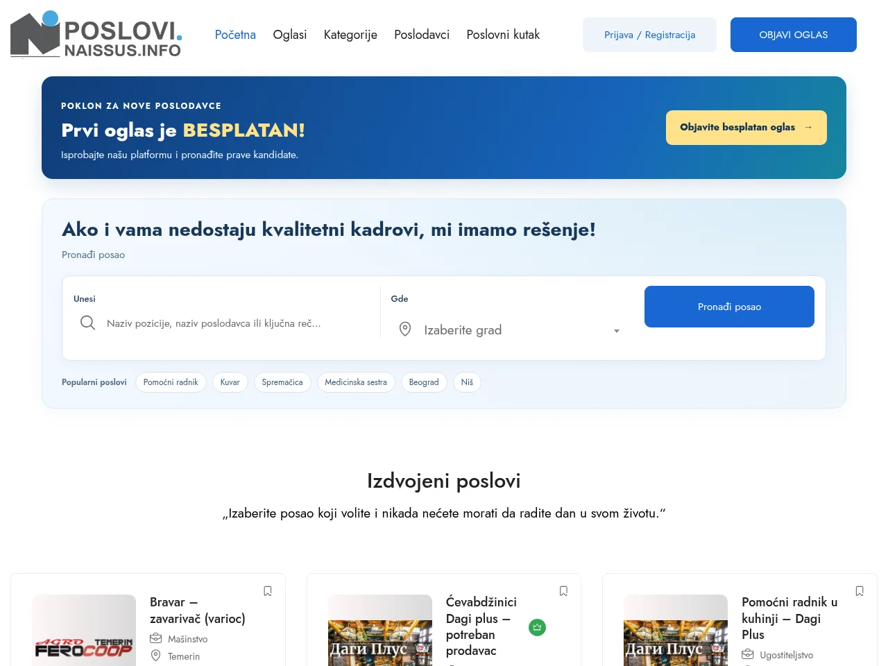 Poslovi Naissus.info job board platform screenshot showing job search interface