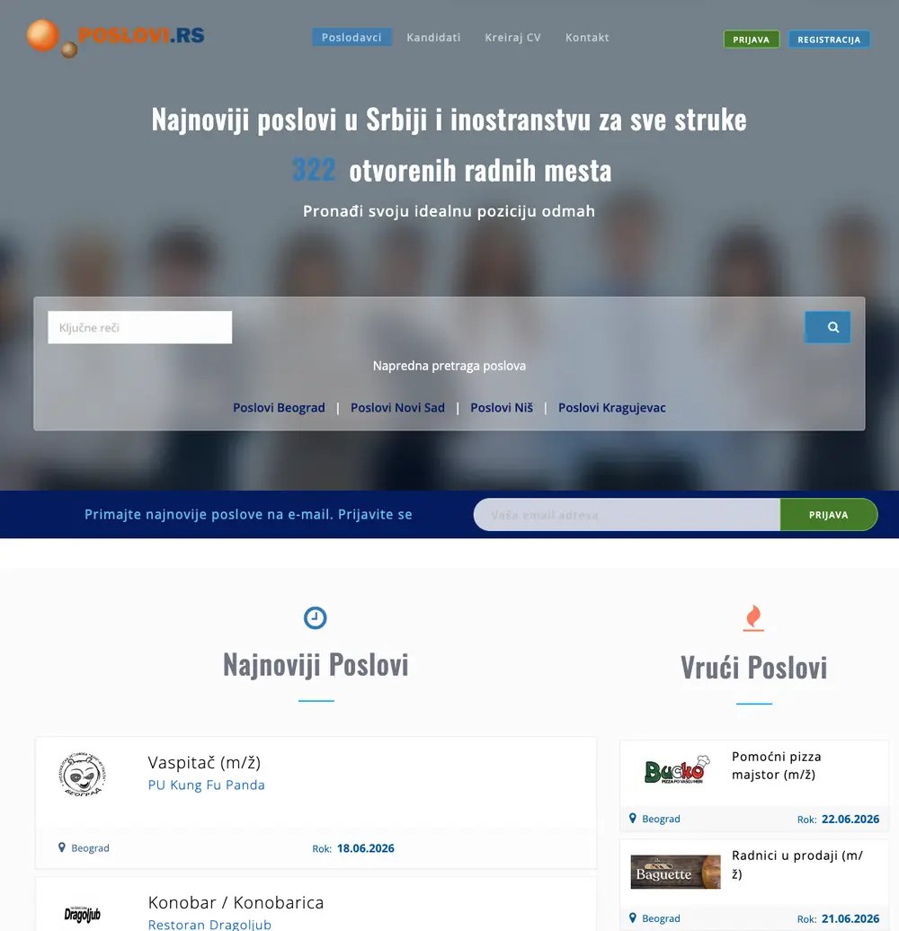 Poslovi.rs job board platform screenshot showing job search interface
