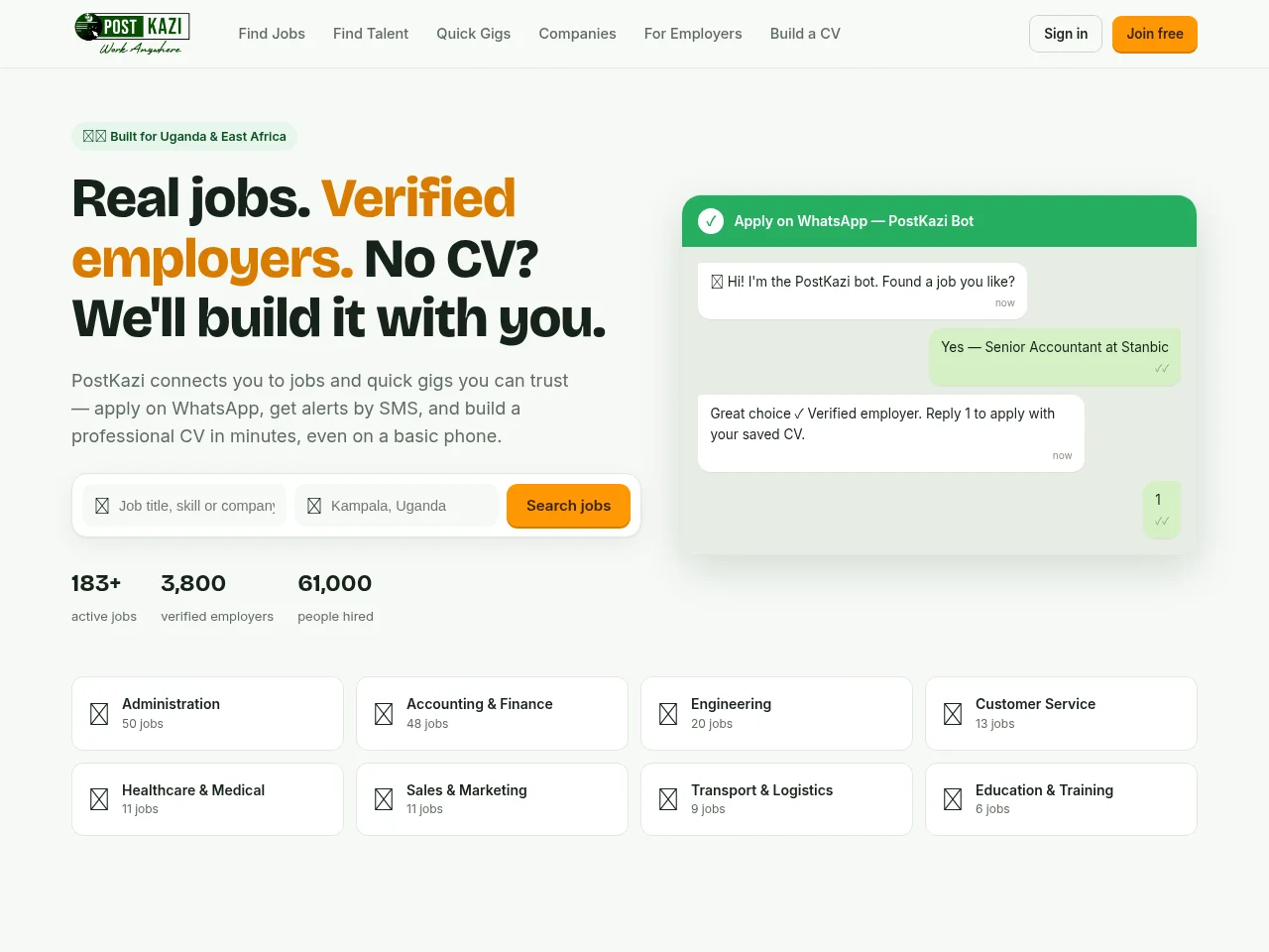 PostKazi job board platform screenshot showing job search interface