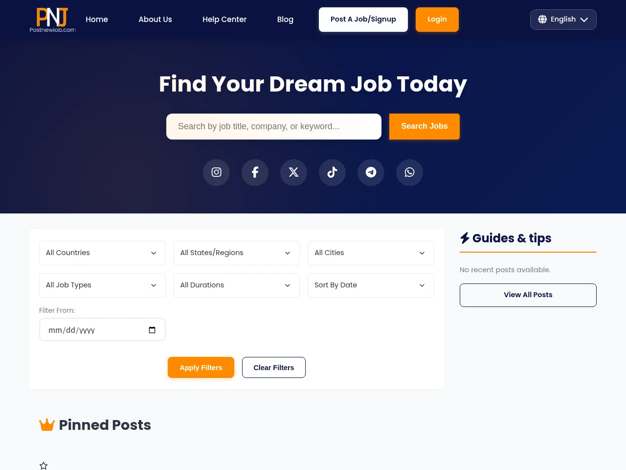 PNJ job board platform screenshot showing job search interface