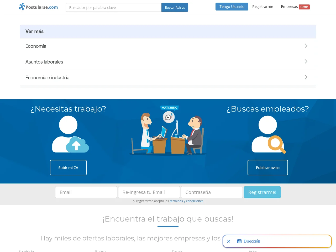 Postularse.com job board platform screenshot showing job search interface