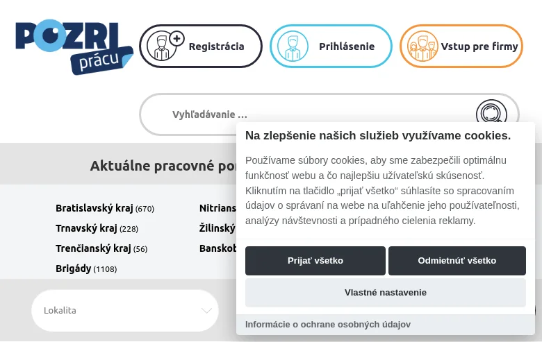 PozriPrácu.sk job board platform screenshot showing job search interface