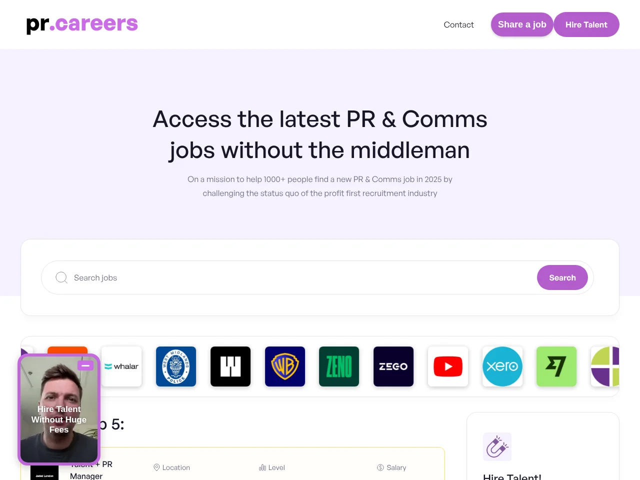 PR.careers job board platform screenshot showing job search interface