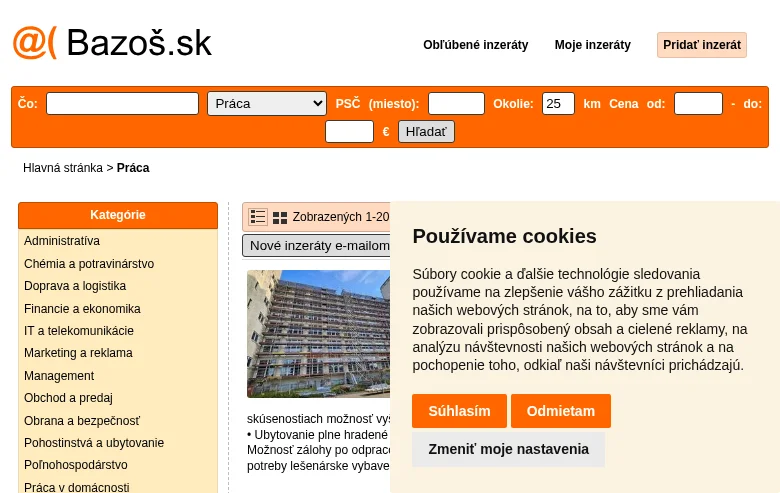 Bazoš.sk - Práca job board platform screenshot showing job search interface