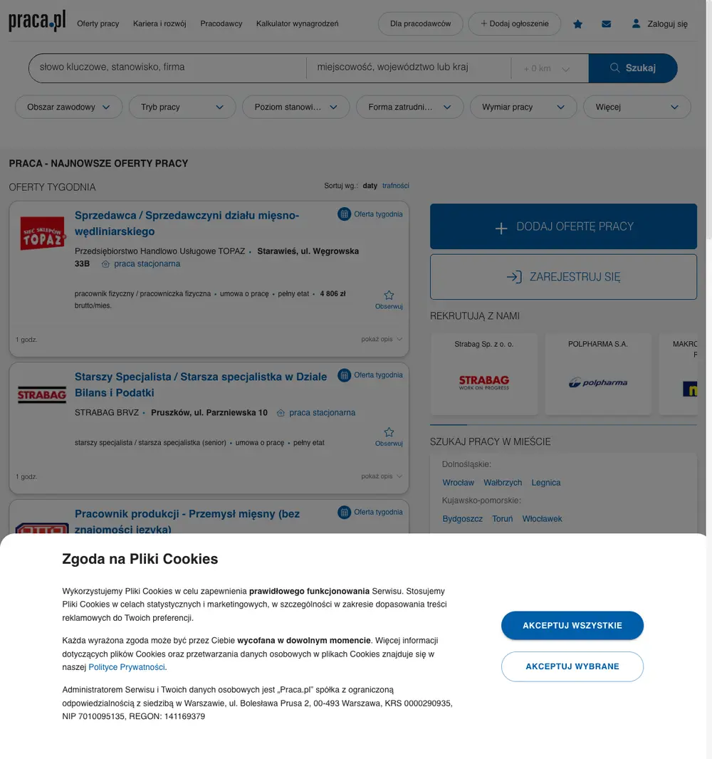 Praca.pl job board platform screenshot showing job search interface