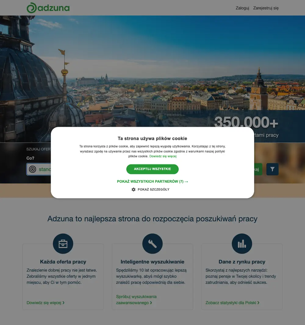 Adzuna job board platform screenshot showing job search interface
