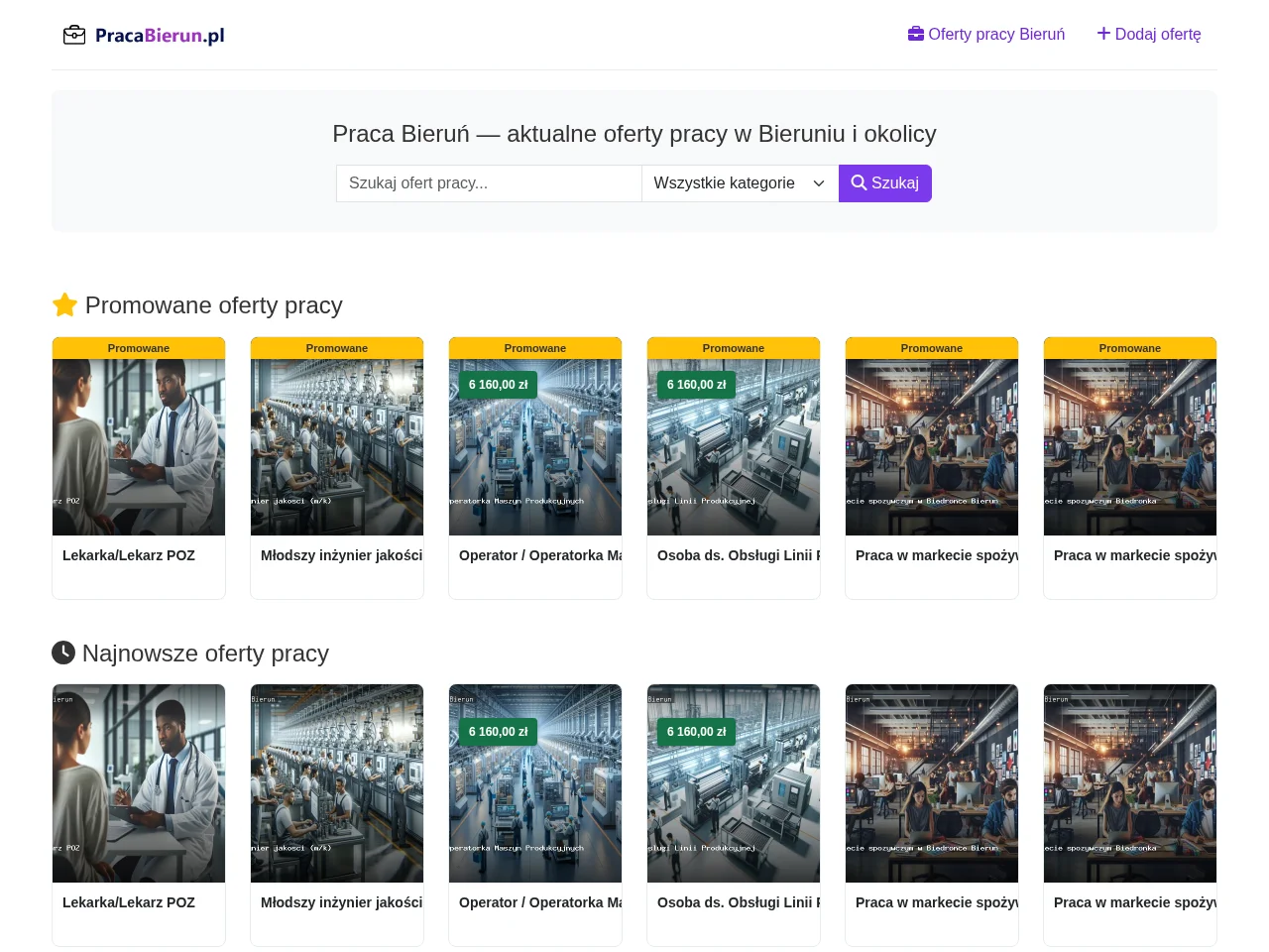 Praca Bieruń job board platform screenshot showing job search interface