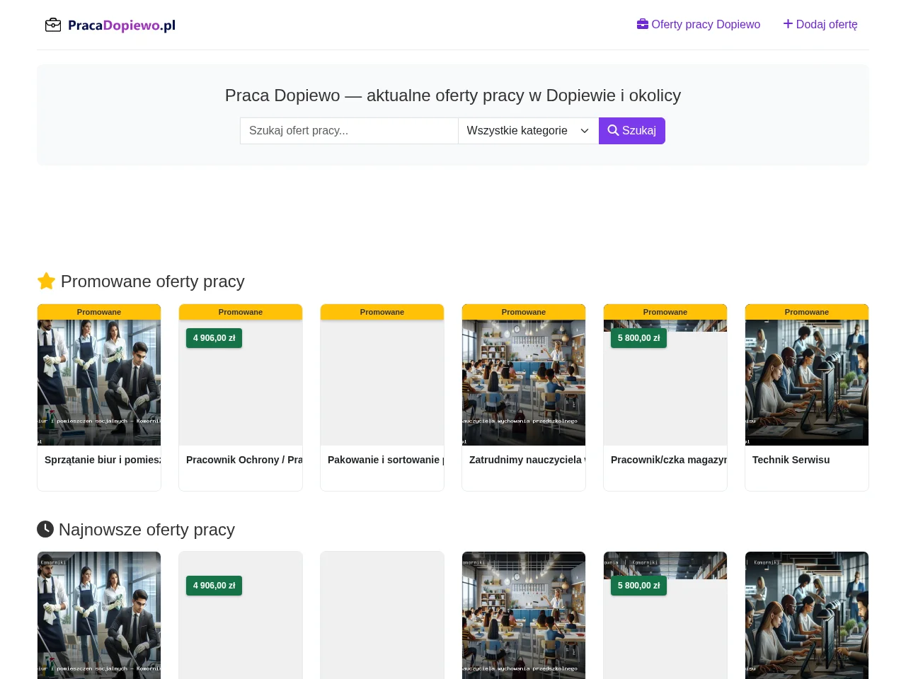 Praca Dopiewo job board platform screenshot showing job search interface