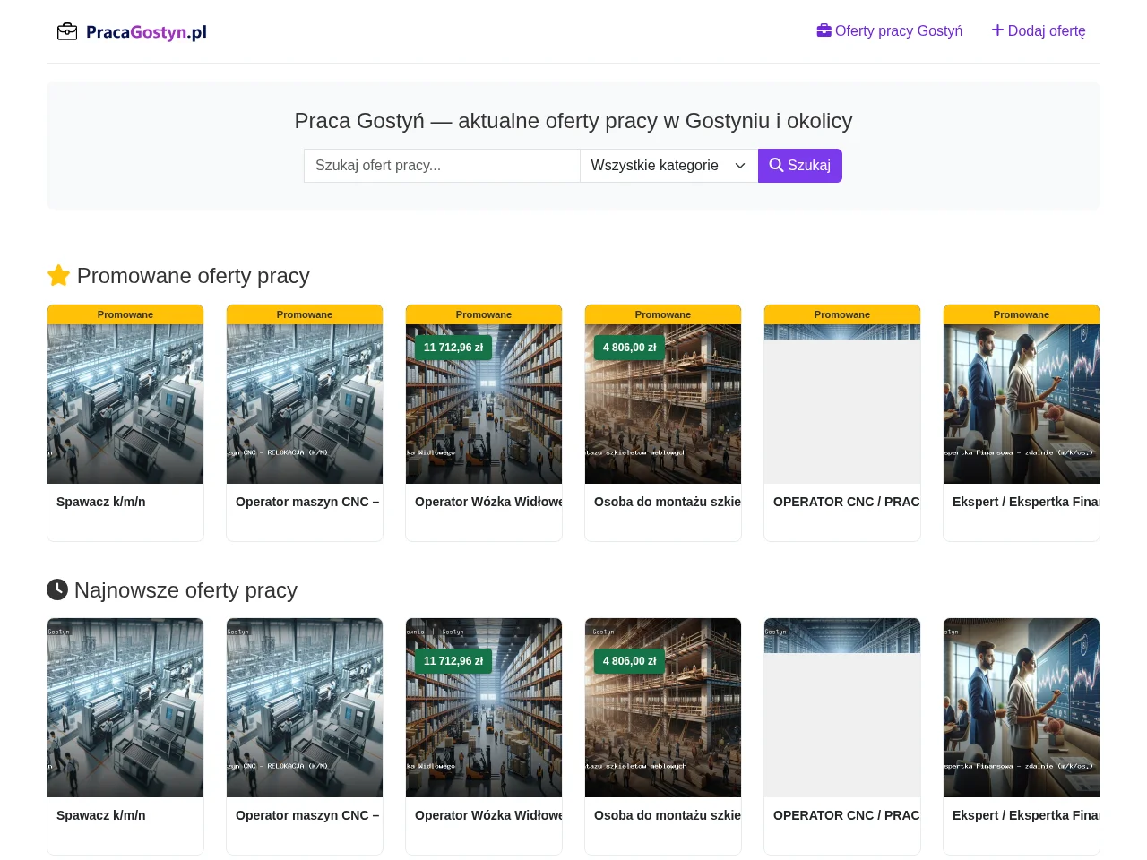 Praca Gostyń job board platform screenshot showing job search interface