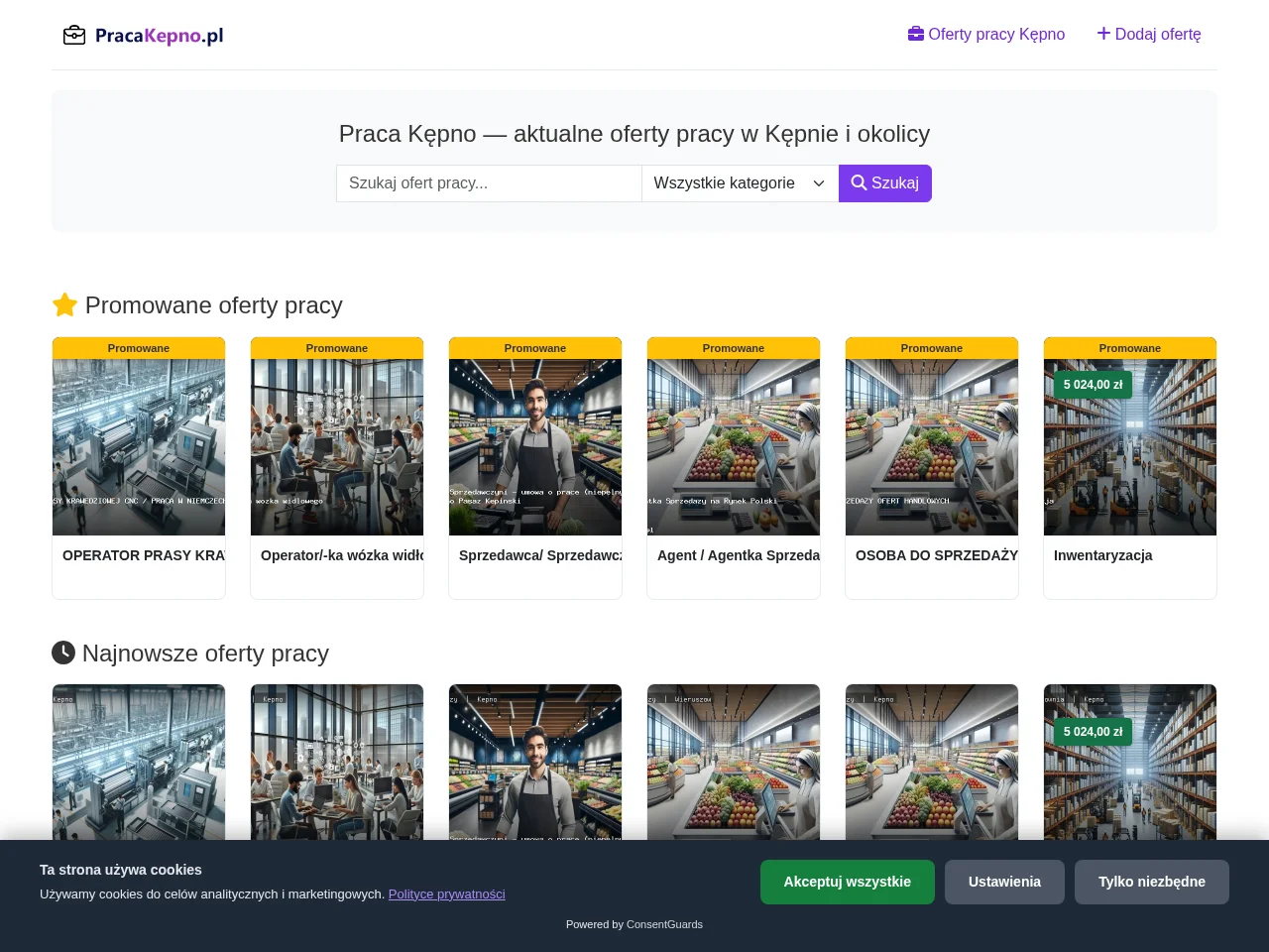 Praca Kępno job board platform screenshot showing job search interface