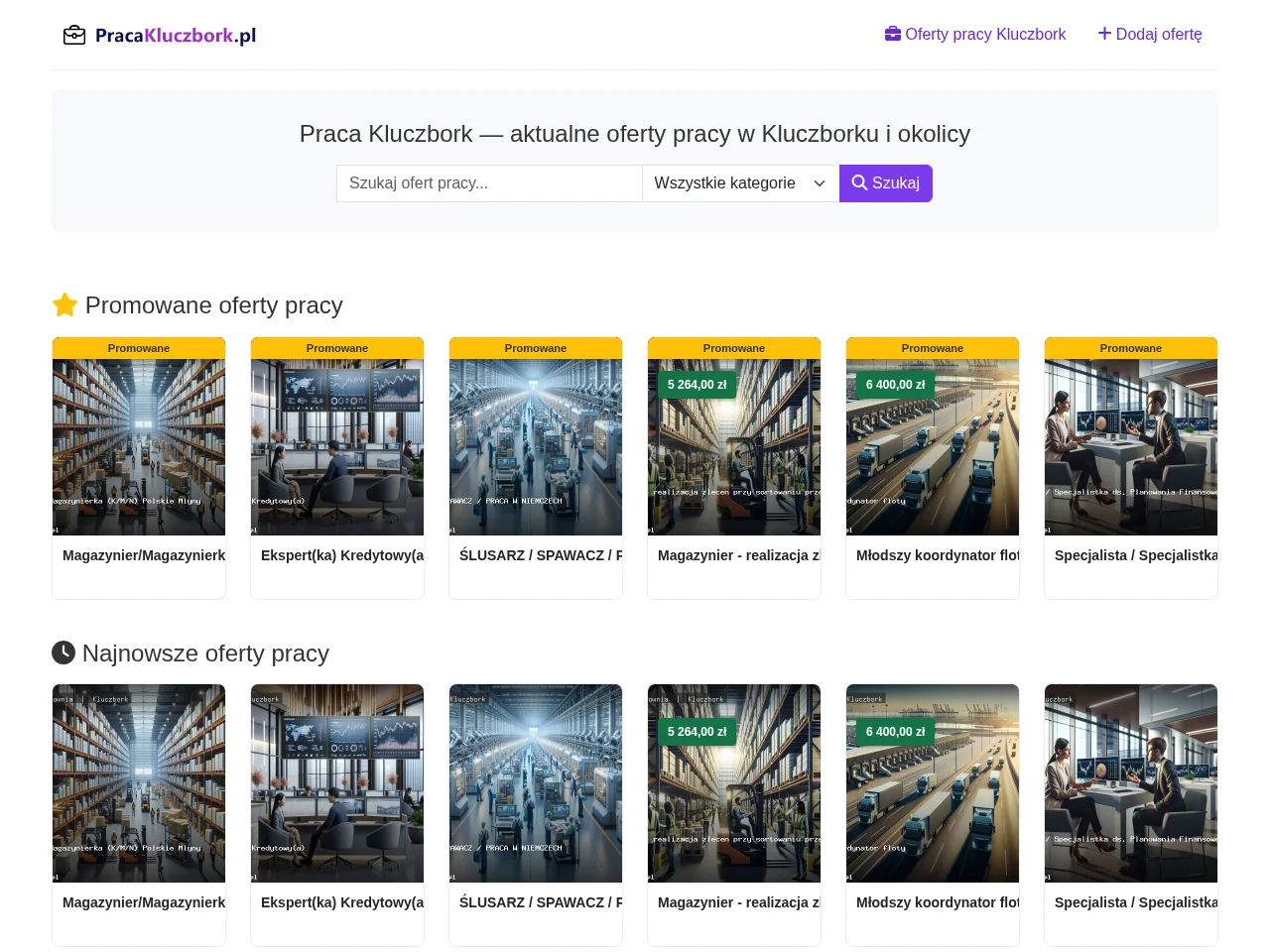 Praca Kluczbork job board platform screenshot showing job search interface