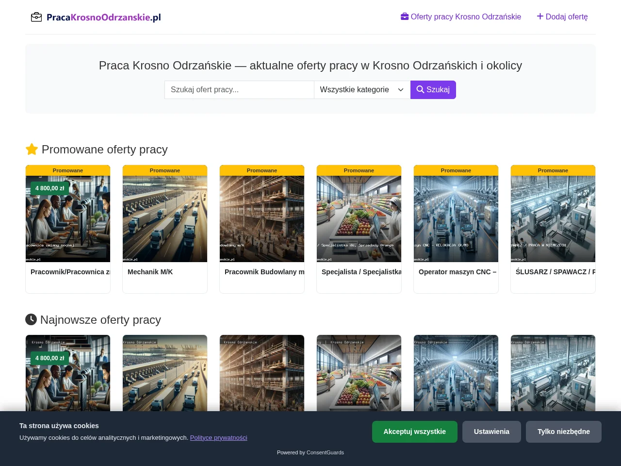 Praca Krosno Odrzańskie job board platform screenshot showing job search interface