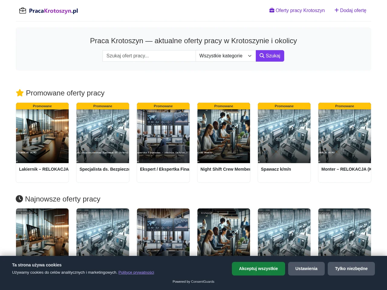 Praca Krotoszyn job board platform screenshot showing job search interface