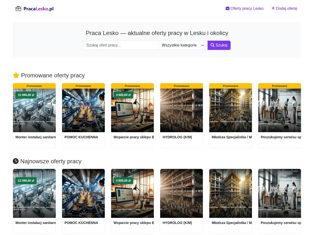 Praca Lesko job board platform screenshot showing job search interface