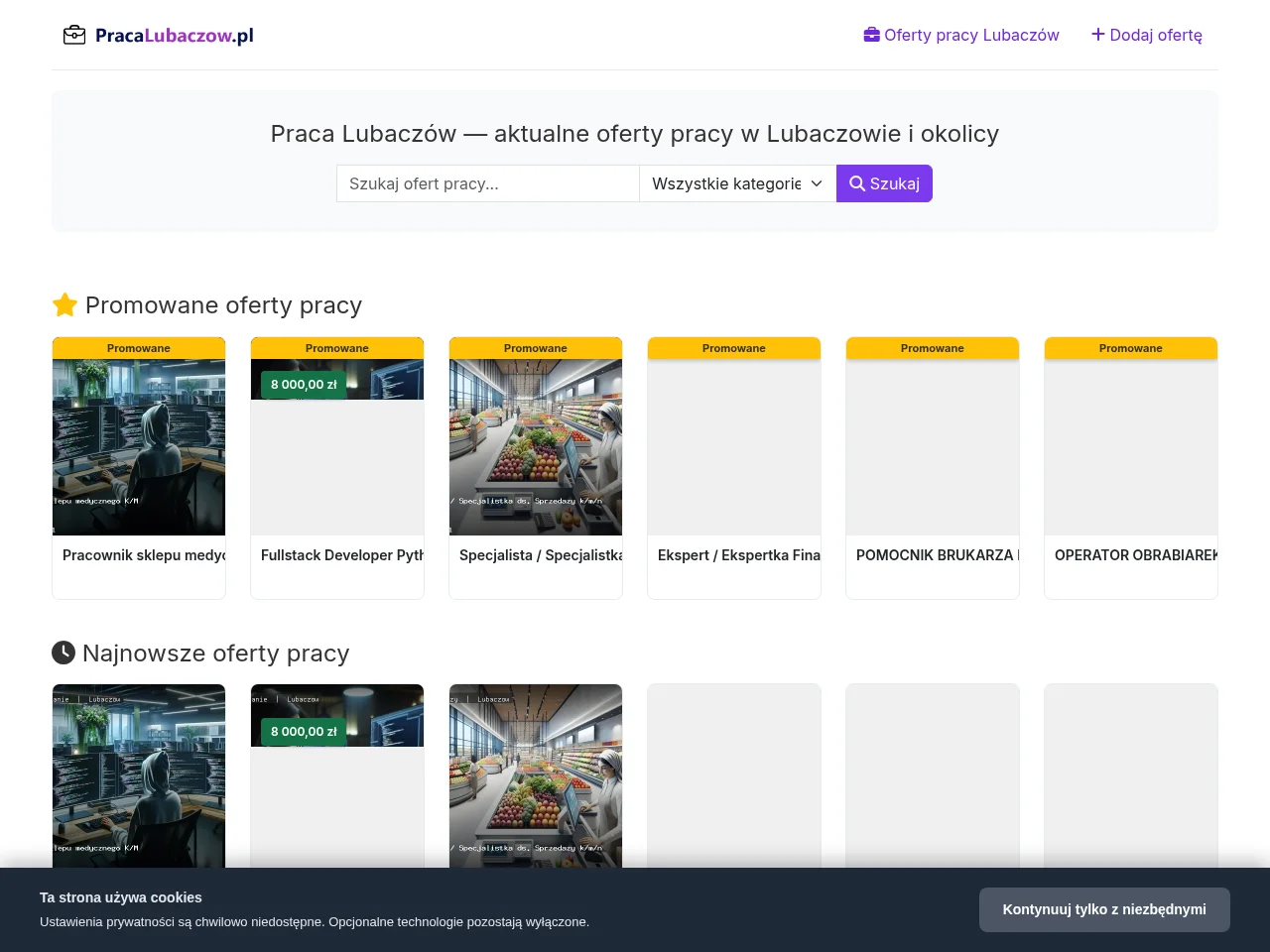 Praca Lubaczów job board platform screenshot showing job search interface