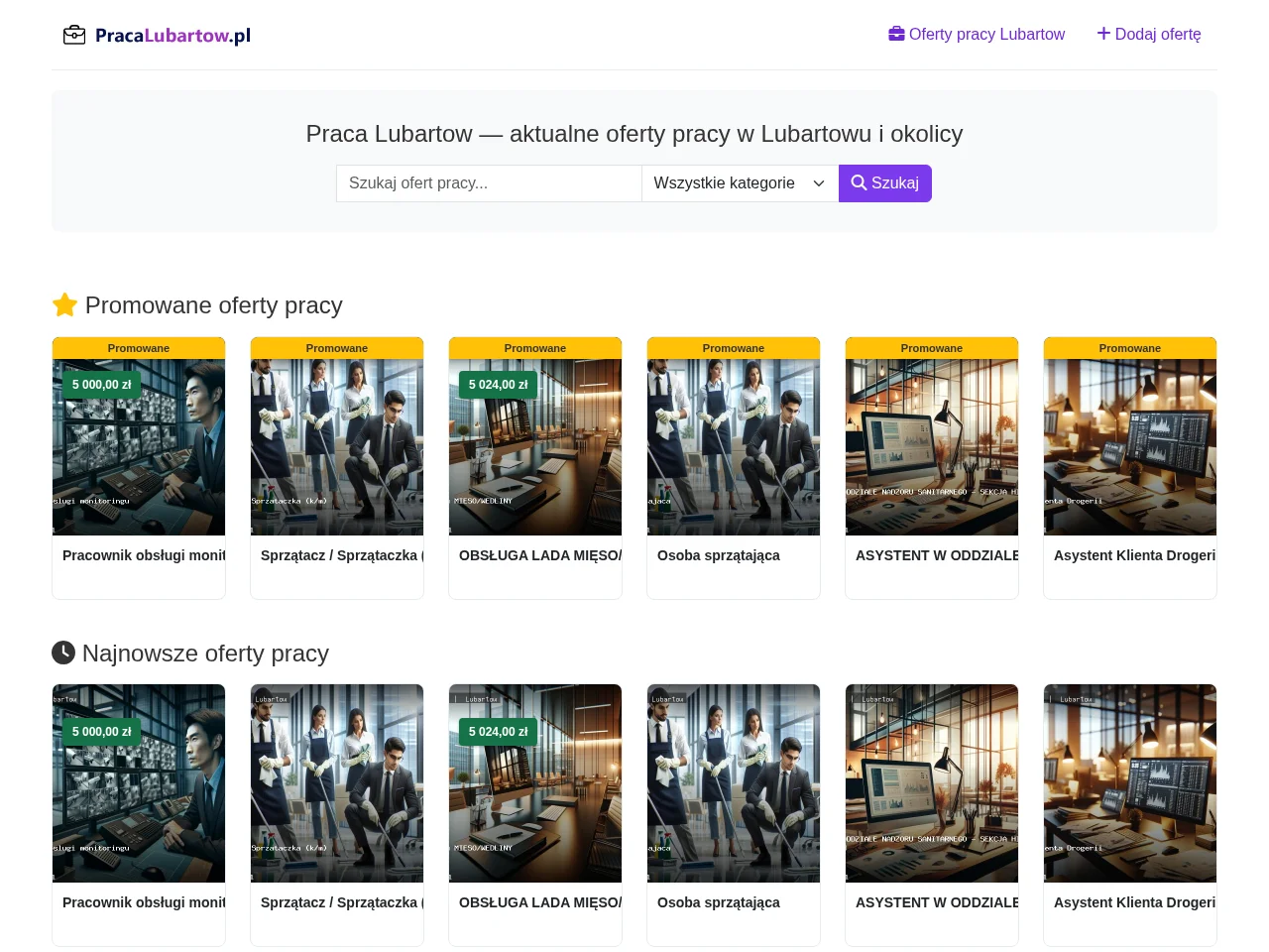 Praca Lubartow job board platform screenshot showing job search interface