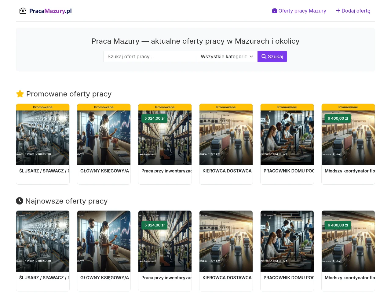 Praca Mazury job board platform screenshot showing job search interface