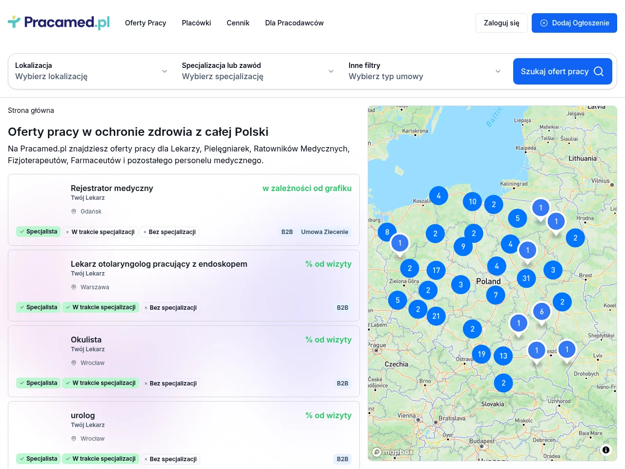 Pracamed.pl job board platform screenshot showing job search interface