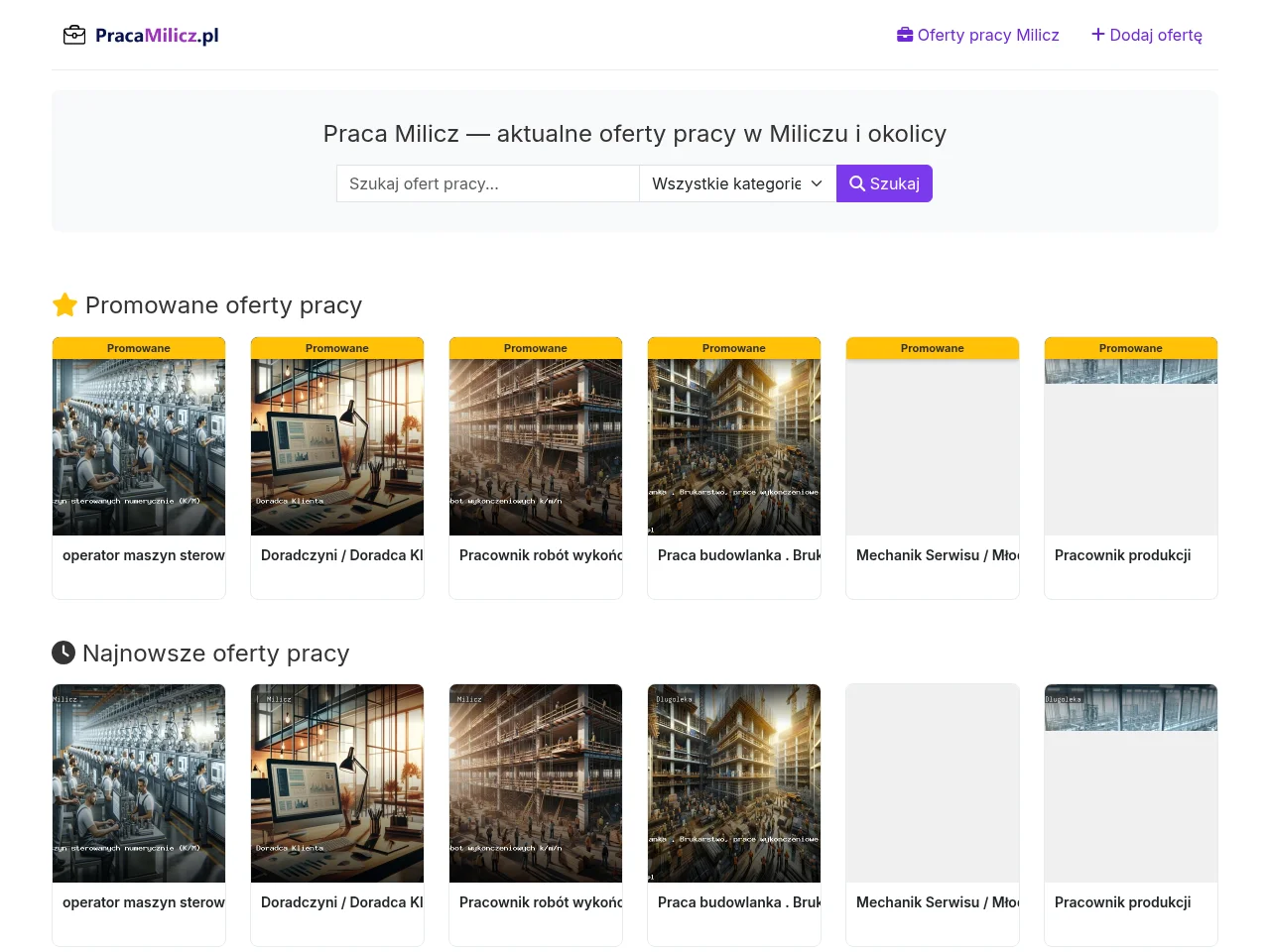 Praca Milicz job board platform screenshot showing job search interface