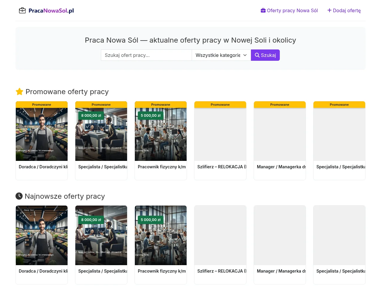 Praca Nowa Sól job board platform screenshot showing job search interface