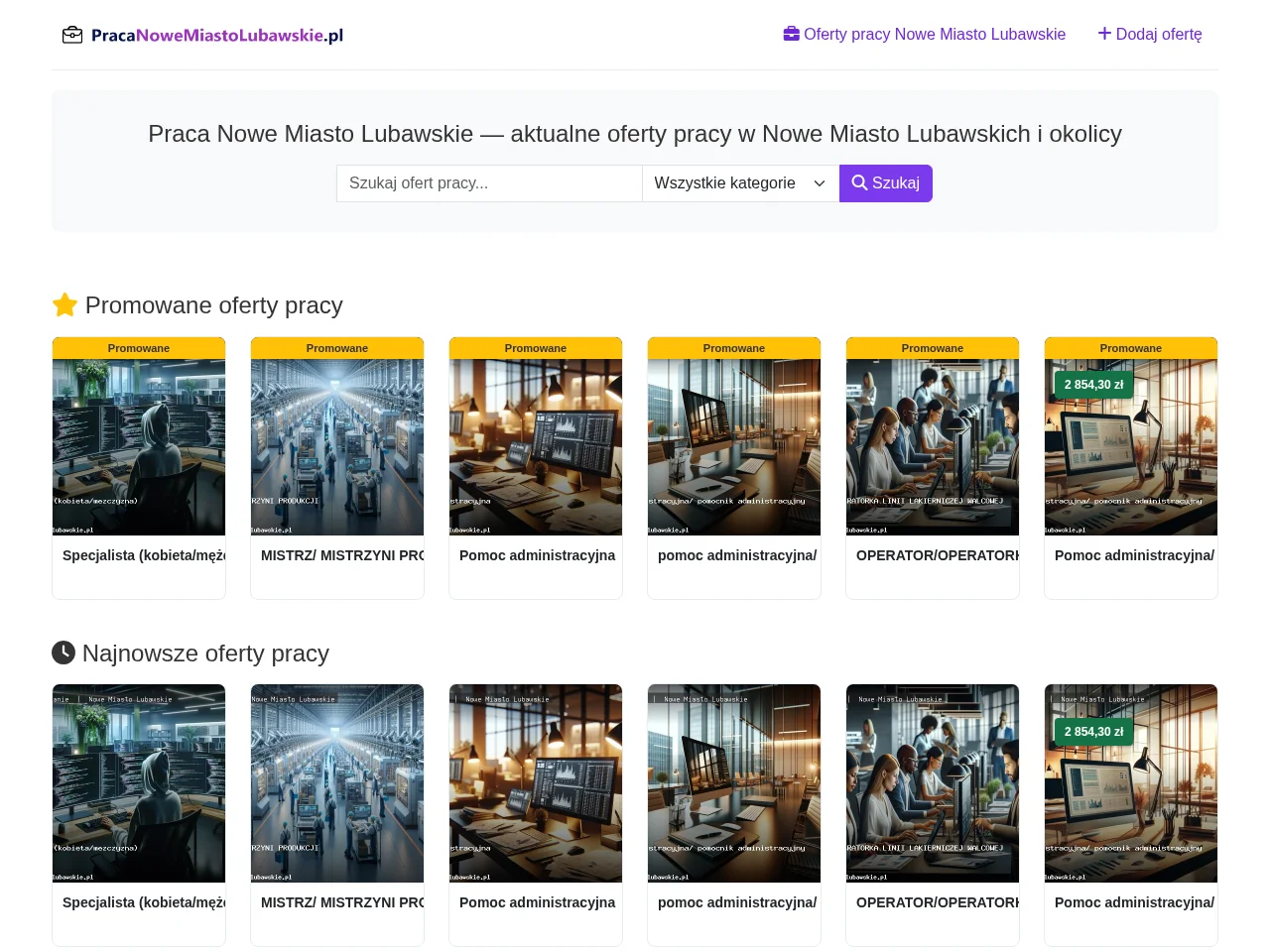 Praca Nowe Miasto Lubawskie job board platform screenshot showing job search interface