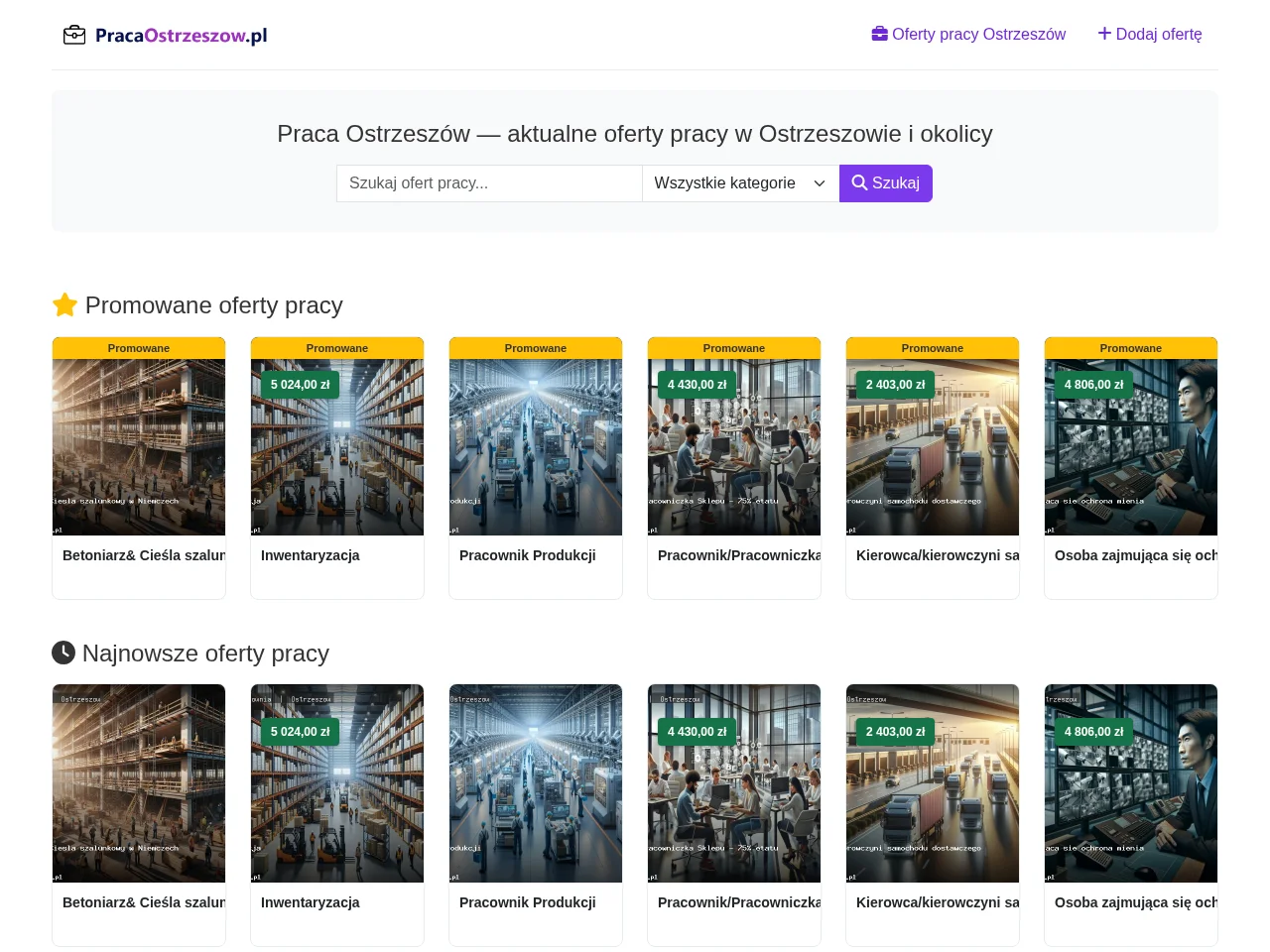 Praca Ostrzeszów job board platform screenshot showing job search interface