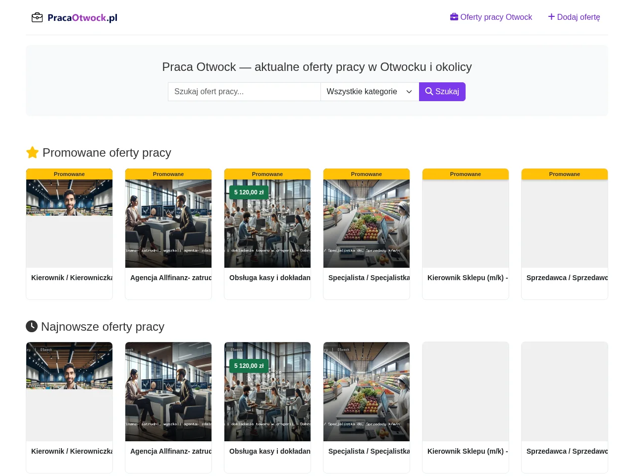 Praca Otwock job board platform screenshot showing job search interface
