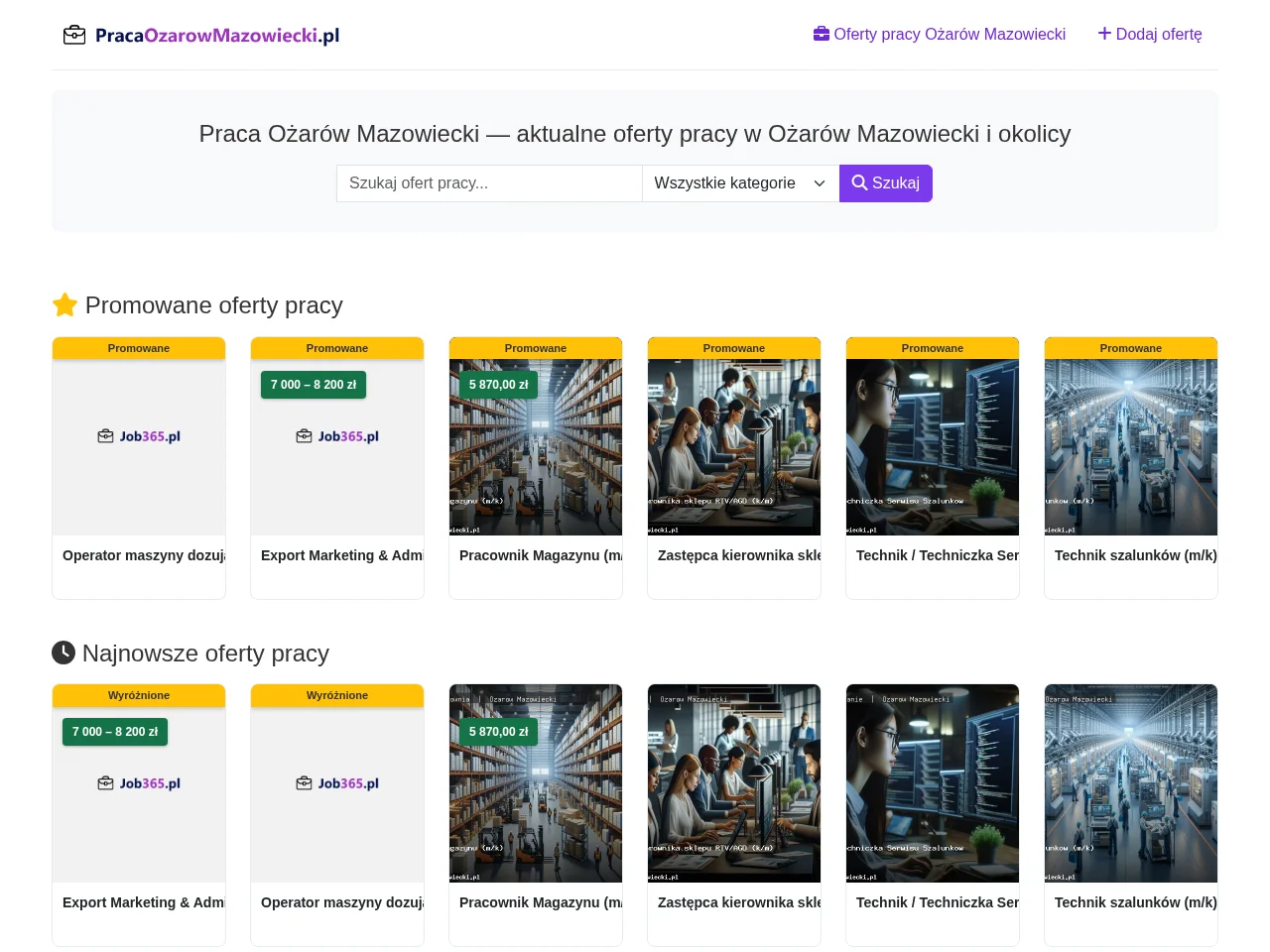 Praca Ożarów Mazowiecki job board platform screenshot showing job search interface