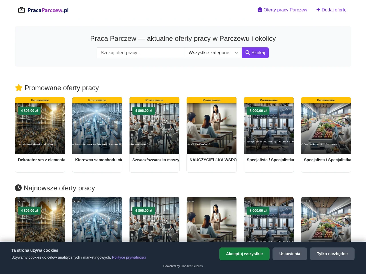 Praca Parczew job board platform screenshot showing job search interface