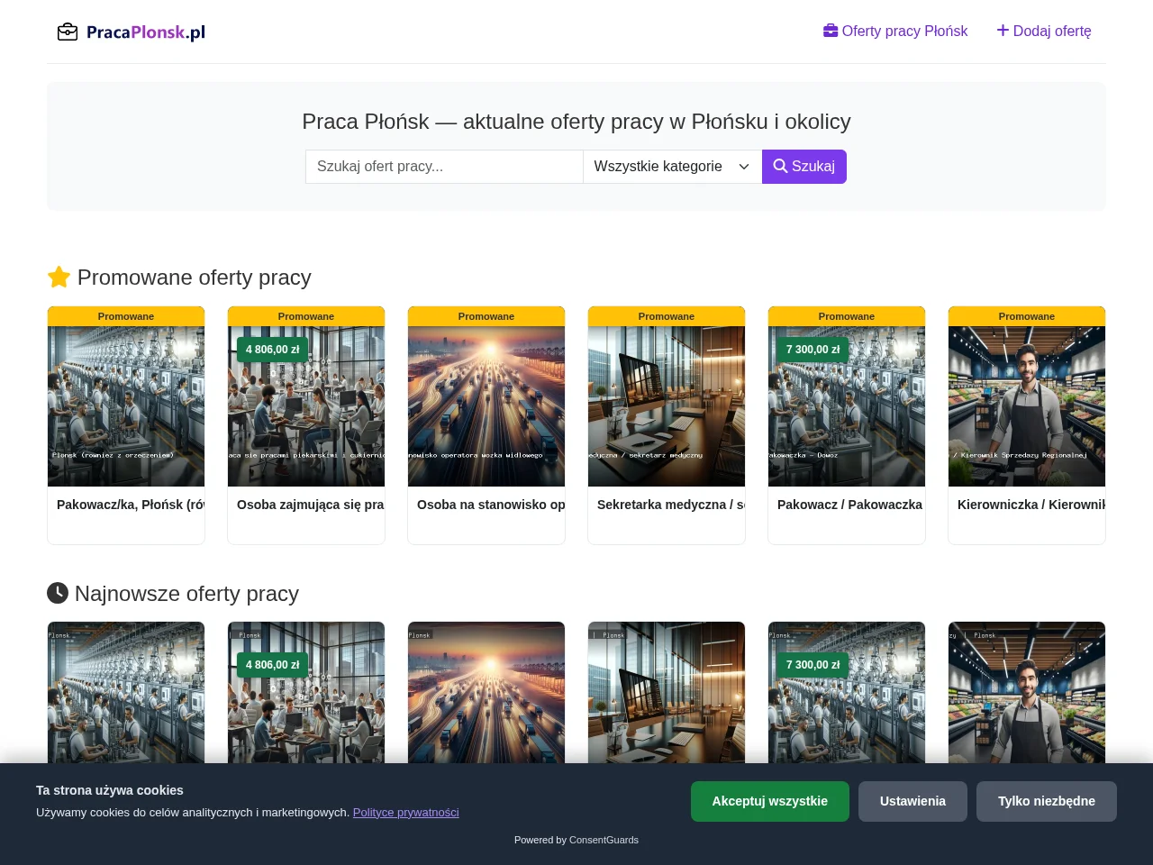 Praca Płońsk job board platform screenshot showing job search interface