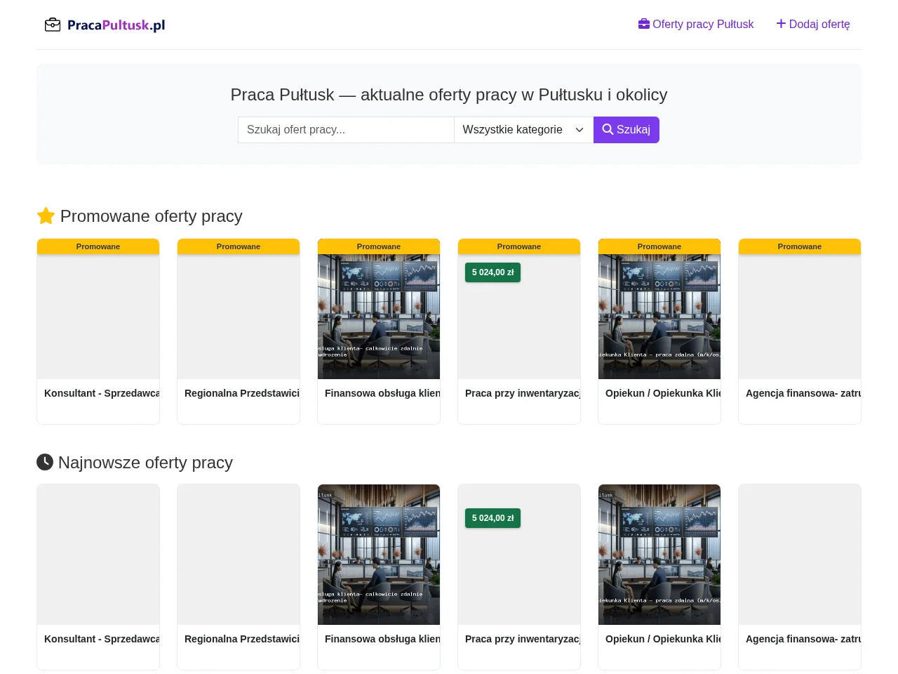 Praca Pułtusk job board platform screenshot showing job search interface